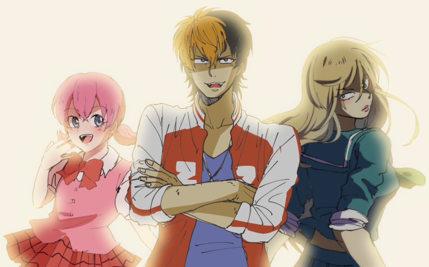 1boy, 2girls, :d, black_hair, blonde_hair, blue_eyes, blue_serafuku, blue_shirt, bow, crossed_arms, himawari_ranna, iinuma_haruya, jacket, jewelry, lipstick, long_hair, makeup, midriff, multicolored_hair, multiple_girls, necklace, open_clothes, open_jacket, open_mouth, osanada_sayuri, pink_hair, pink_vest, red_bow, red_jacket, red_skirt, rokudou_no_onna-tachi, school_uniform, serafuku, shirt, short_sleeves, short_twintails, skirt, smile, sosebati, standing, twintails, two-tone_hair, vest, white_background