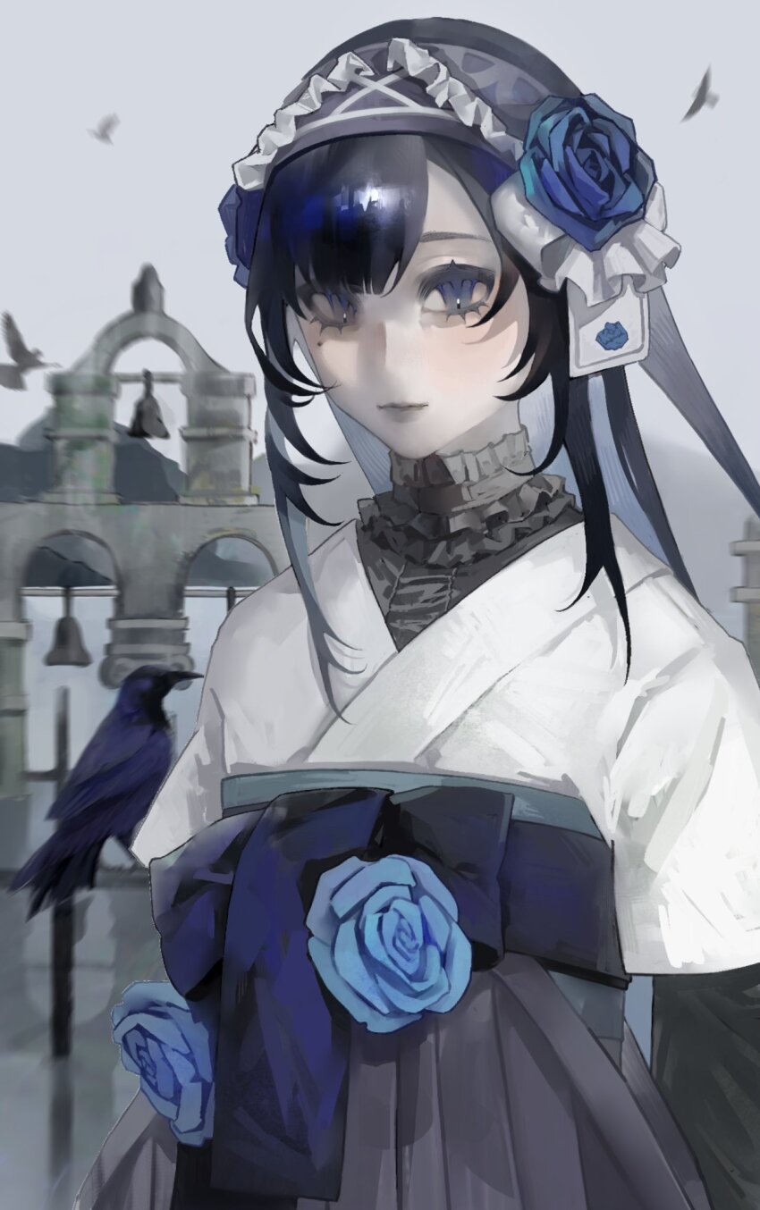 1girl, ado_(utaite), bell, bird, blue_eyes, blue_flower, blue_hair, blue_rose