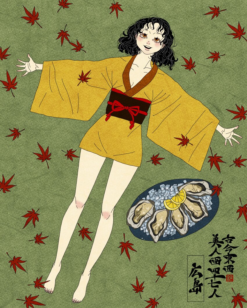 1girl, absurdres, annotated, artist_logo, barefoot, black_hair, black_sash, brown_eyes