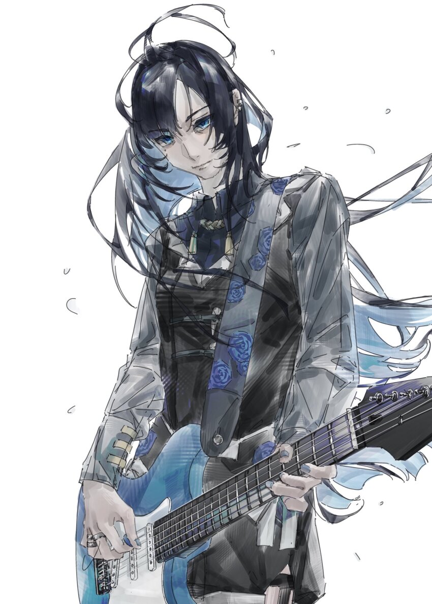 1girl, ado_(utaite), black_dress, black_hair, blue_eyes, blue_hair, chando_(ado), closed_mouth, colored_inner_hair, commentary, dress, ear_piercing, electric_guitar, guitar, guitar_strap, hashtag-only_commentary, highres, holding, holding_guitar, holding_instrument, holding_plectrum, htt_hatuotuo, instrument, jewelry, long_hair, mole, mole_under_eye, multicolored_hair, multiple_rings, piercing, plectrum, ring, simple_background, solo, utaite, white_background