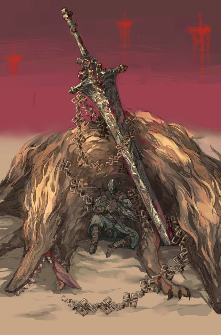 1boy, 1other, black_boots, blue_surcoat, boots, brown_gloves, cerberus, chain