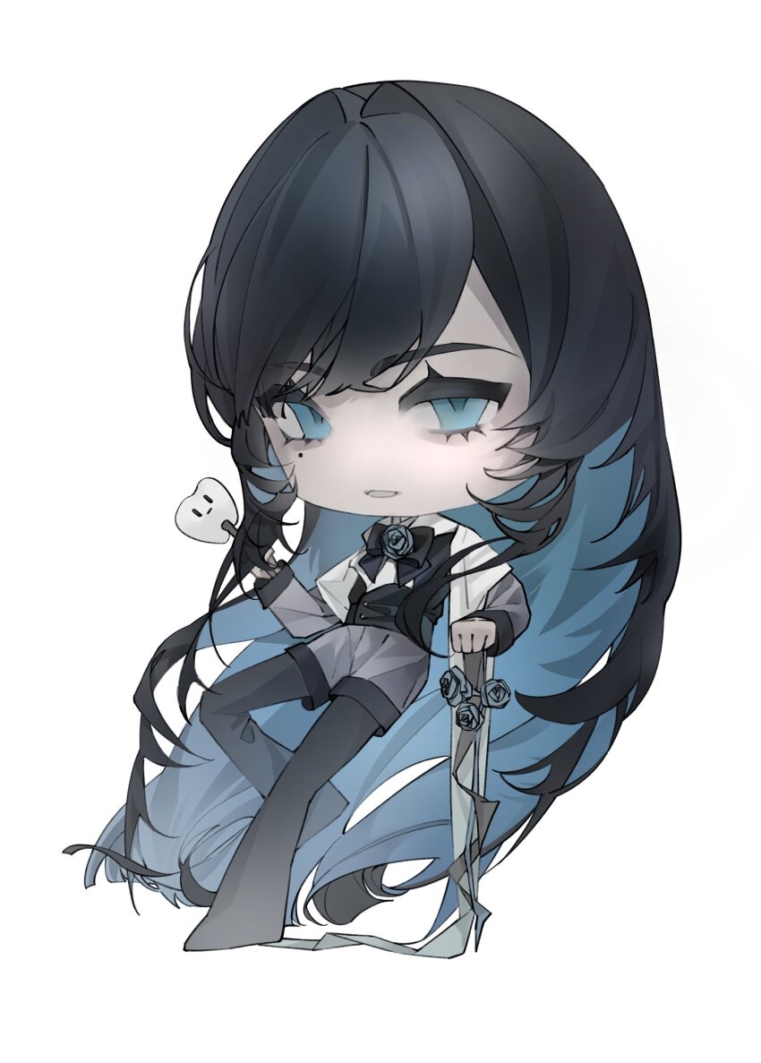 1girl, ado_(utaite), black_hair, black_pants, blue_eyes, blue_hair, chando_(ado), chibi, chibi_only, colored_inner_hair, commentary, full_body, grey_shorts, ha-chan_(ado), hashtag-only_commentary, highres, htt_hatuotuo, long_hair, looking_at_viewer, mole, mole_under_eye, multicolored_hair, open_mouth, pants, pants_under_shorts, shorts, simple_background, solo, utaite, very_long_hair, white_background