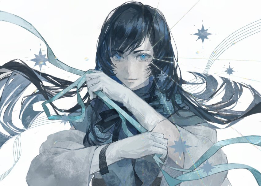 1girl, ado_(utaite), aegyo_sal, black_hair, blue_eyes, blue_ribbon, chando_(ado), closed_mouth