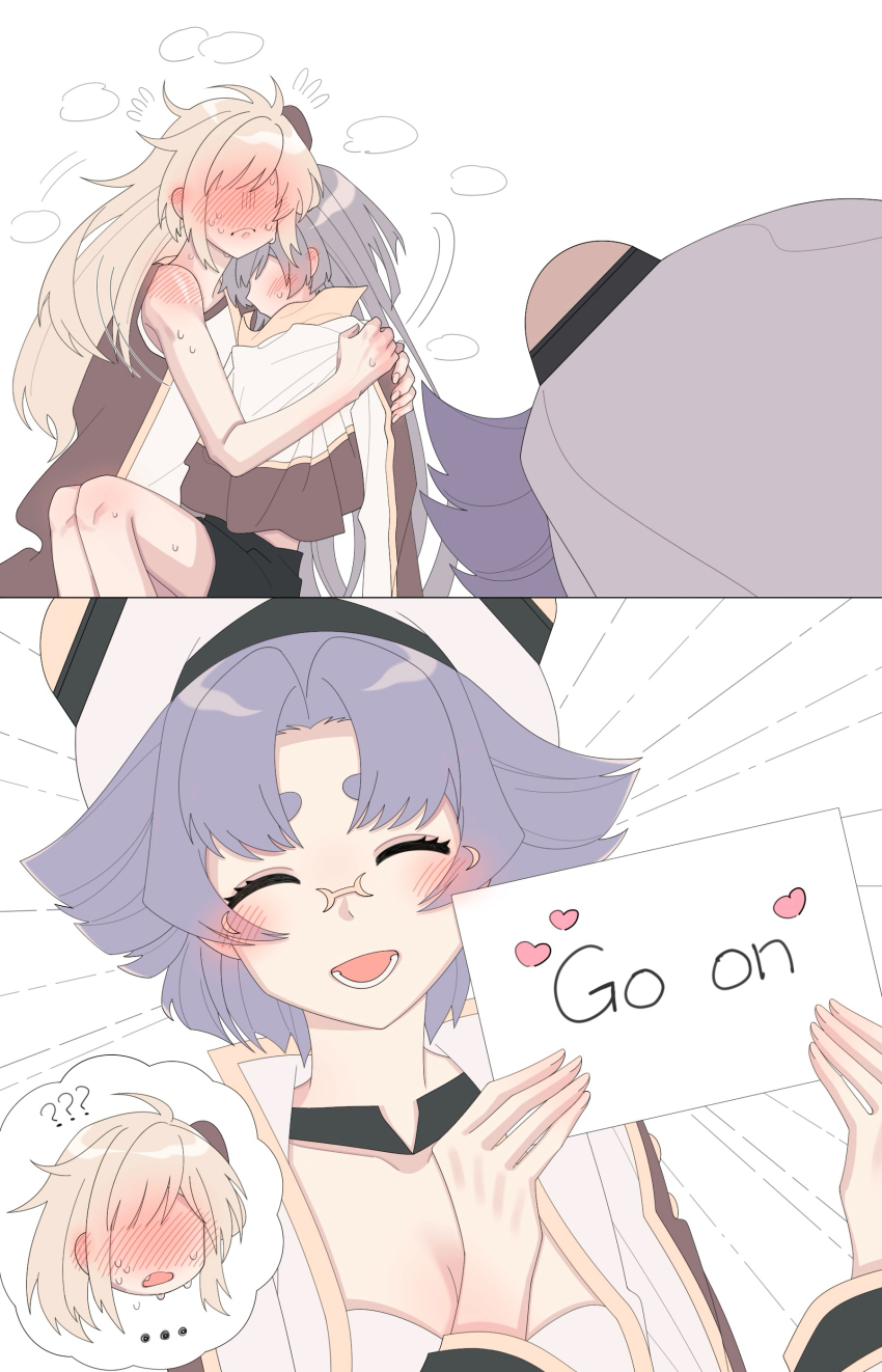 3girls, absurdres, blonde_hair, blush, breasts, brown_necktie, caught, clothed_sex, commentary_request, door, dress, duel_monster, emptyayya, grey_hair, highres, implied_kiss, indoors, long_hair, long_sleeves, multiple_girls, necktie, open_door, opening_door, peeking, red_eyes, sage_of_benevolence_-_ciela, simple_background, sky_striker_ace_-_raye, sky_striker_ace_-_roze, surprised, sweat, twintails, two-tone_dress, walk-in, yu-gi-oh!, yuri