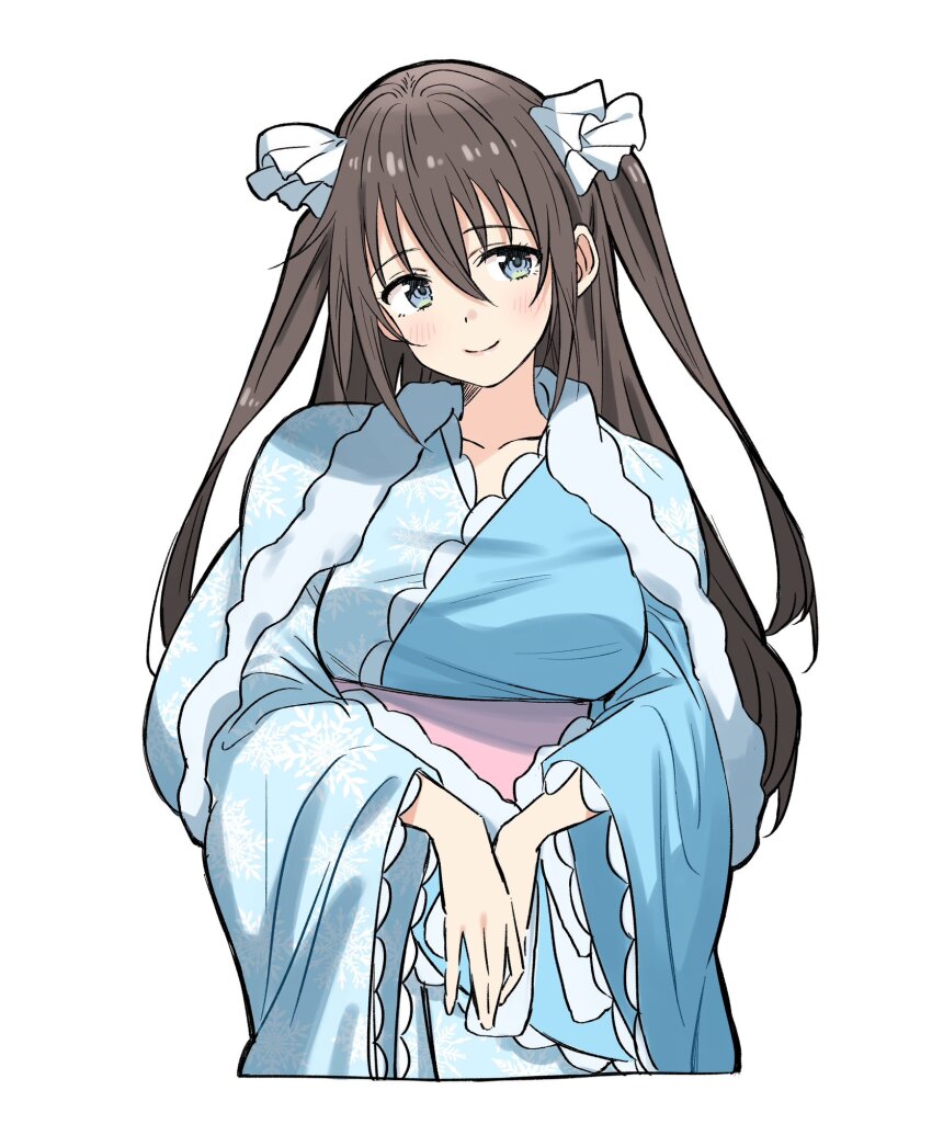 1girl, bien_(djpwjd1), blue_eyes, blue_kimono, brown_hair, hair_between_eyes, highres, japanese_clothes