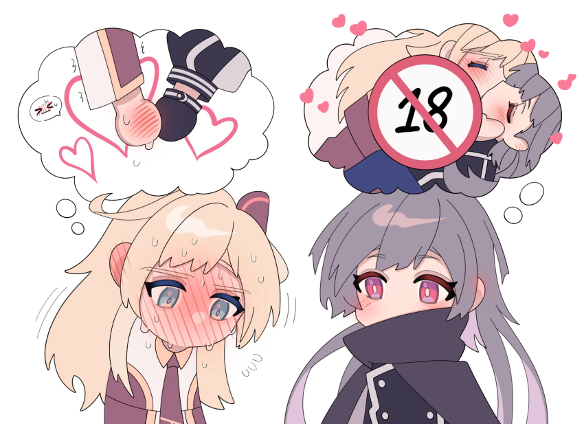 2girls, another_ship_dynamic_i_enjoy_(meme), blonde_hair, blush, brown_necktie, chinese_commentary, collared_dress, commentary_request