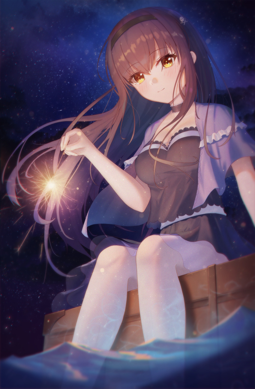 1girl, absurdres, arm_at_side, black_camisole, black_choker, black_hair, black_hairband, black_skirt