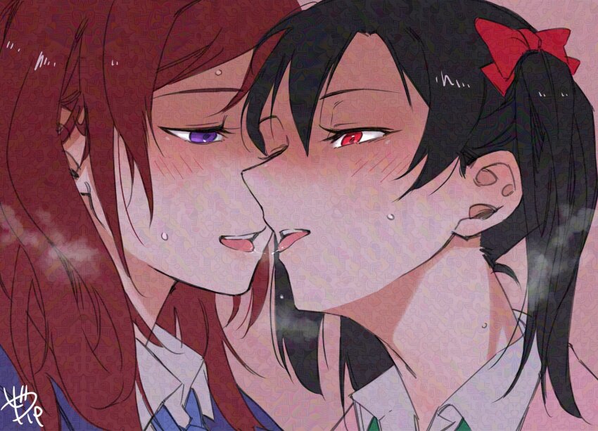 2girls, adversarial_noise, bow, breath, collared_shirt, commentary, hair_bow, hashtag-only_commentary