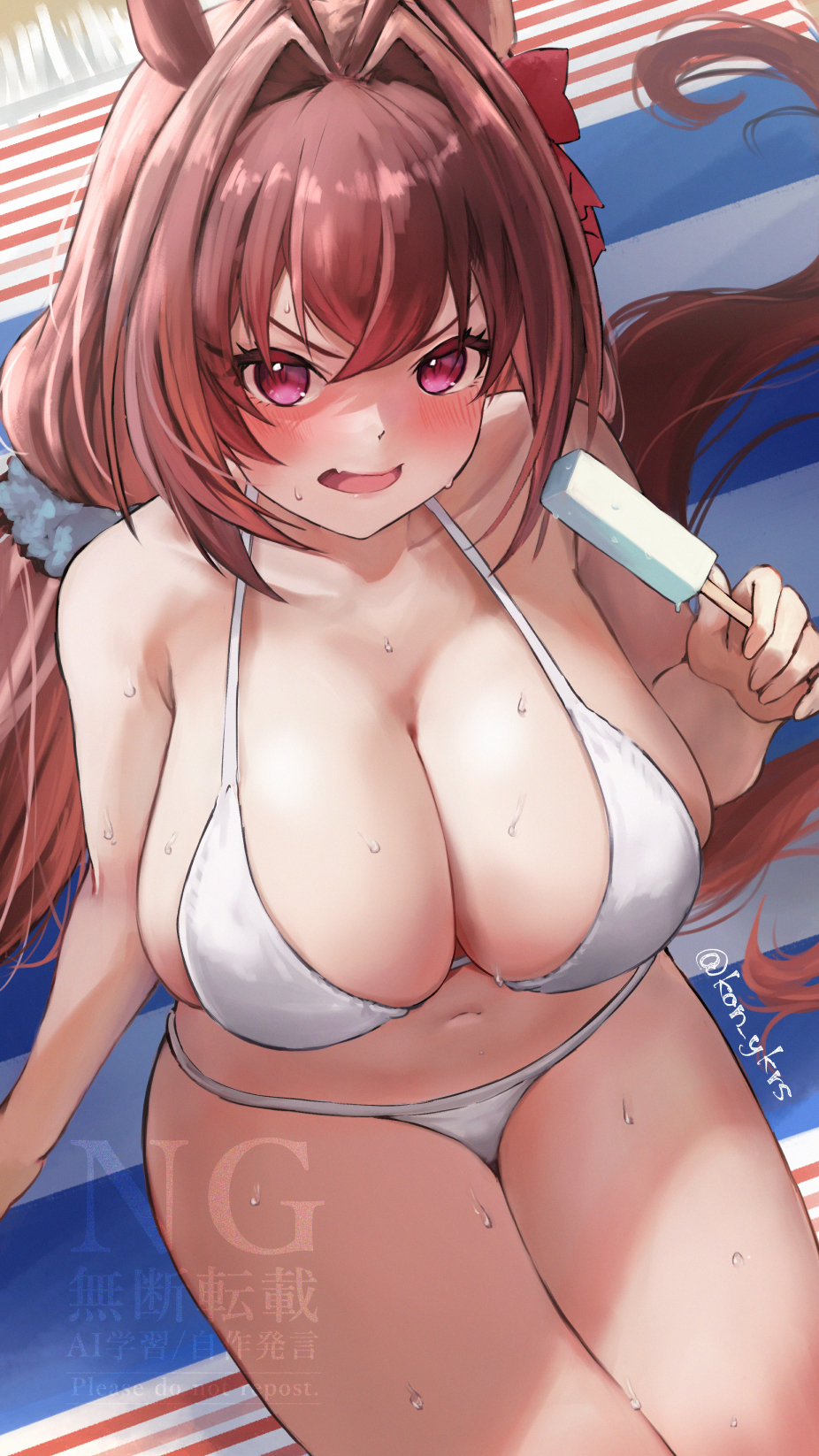 1girl, animal_ears, armpit_crease, bikini, breasts, brown_hair, collarbone, commentary_request, daiwa_scarlet_(umamusume), food, highres, horse_ears, horse_girl, horse_tail, kitsune_yuki, large_breasts, long_hair, looking_at_viewer, open_mouth, pink_eyes, popsicle, solo, sweat, swimsuit, tail, umamusume, white_bikini