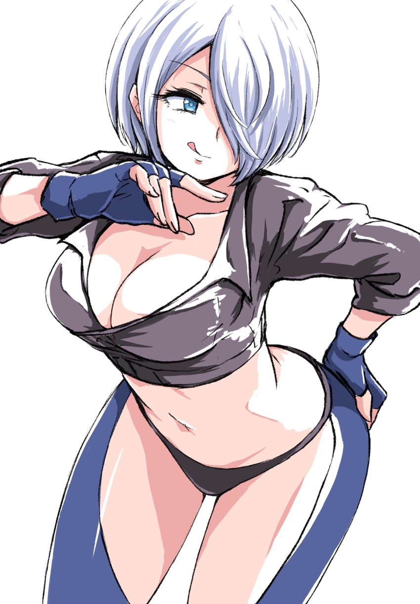 1girl, angel_(kof), blue_eyes, breasts, chaps, cleavage, cropped_jacket, eyelashes