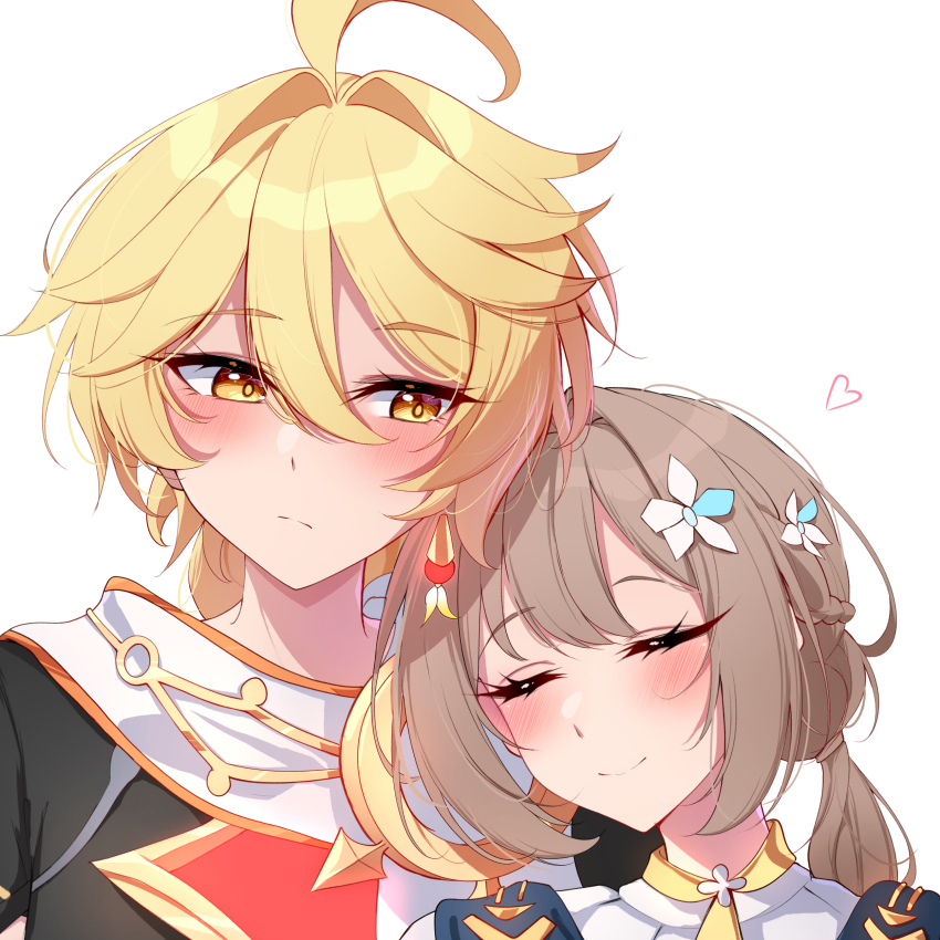 1boy, 1girl, absurdres, aether_(genshin_impact), ahoge, blonde_hair, blush, brown_hair, closed_eyes, closed_mouth, commentary, direidyth_(genshin_impact), earrings, english_commentary, flower, genshin_impact, hair_between_eyes, hair_flower, hair_ornament, heart, highres, jewelry, long_hair, looking_at_another, midori_(midori13579), npc_(genshin_impact), simple_background, single_earring, smile, spoilers, white_background, white_flower, yellow_eyes