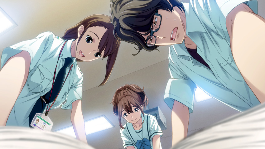 1boy, 2girls, aqua_eyes, arm_support, bent_over, black_hair, black_shirt, blue_bow