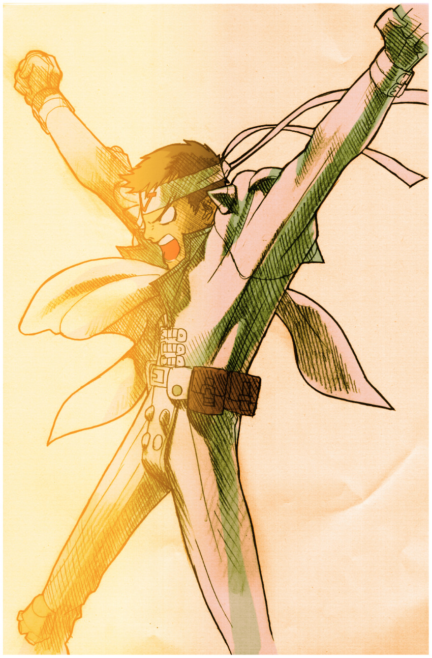 1boy, absurdres, angry, arms_up, bengus, brown_eyes, brown_hair, capcom