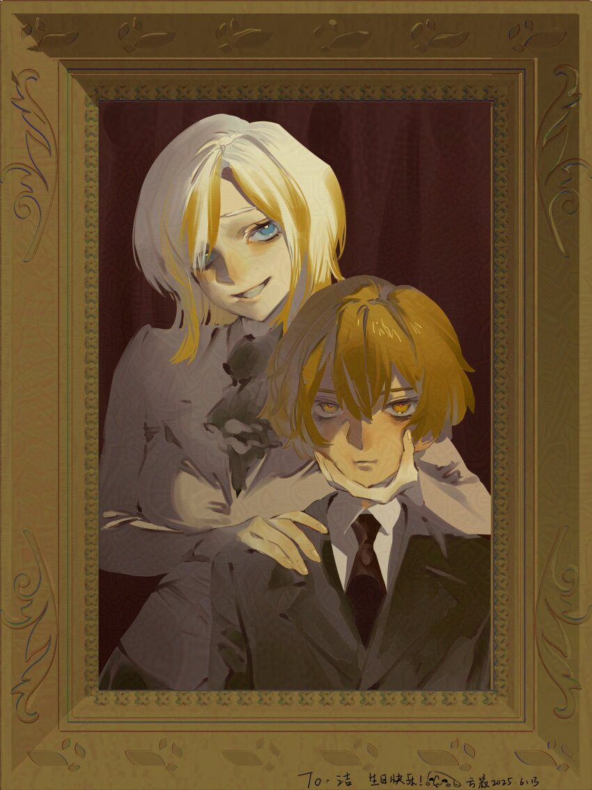 1boy, 1girl, absurdres, alternate_costume, ascot, black_ascot, black_necktie, blonde_hair, blue_eyes, fangji0225, faust_(project_moon), formal_clothes, hand_on_another's_cheek, hand_on_another's_face, height_difference, highres, limbus_company, looking_at_viewer, multicolored_hair, n_corp._fanatic_(identity)_(project_moon), necktie, picture_frame, project_moon, shirt, short_hair, sinclair_(project_moon), sitting, smile, suit, two-tone_hair, upper_body, white_hair, white_shirt, yellow_eyes