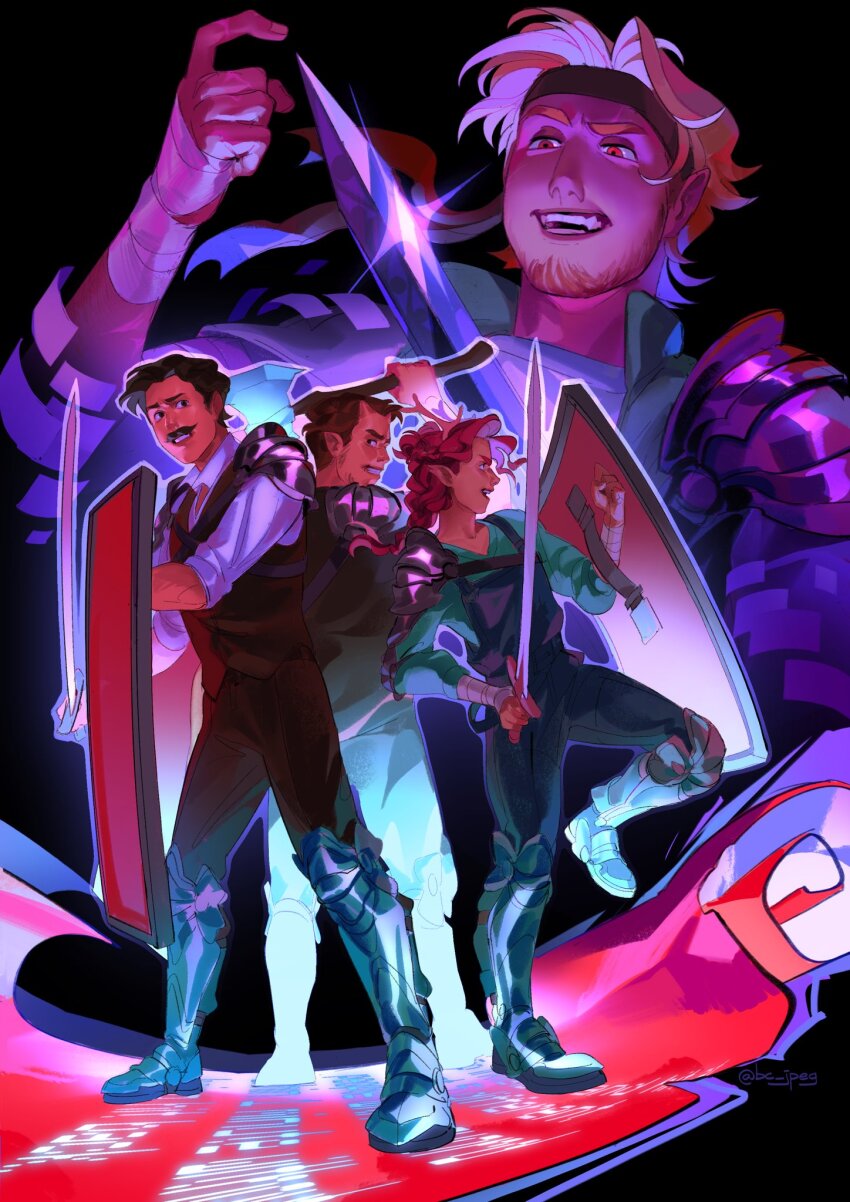 1girl, 3boys, antlers, armor, armored_boots, axe, bc_jpeg, beard