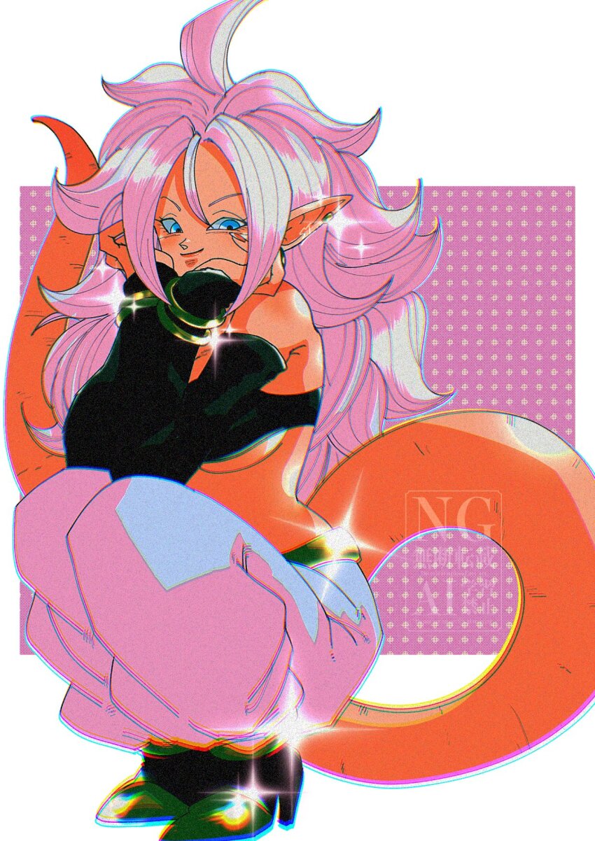 1girl, android_21, bare_shoulders, black_tube_top, blue_eyes, breasts, colored_skin, dragon_ball