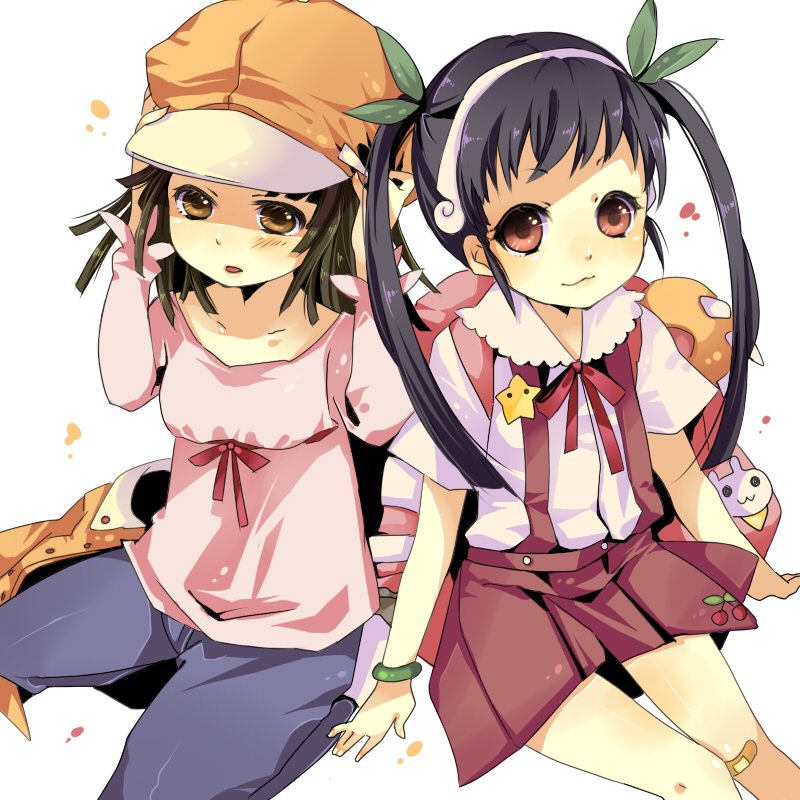 2girls, backpack, bag, bakemonogatari, bandaid, bandaid_on_knee, bandaid_on_leg, black_hair