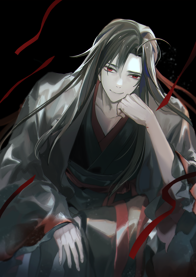 1boy, ahoge, bishounen, black_background, black_hair, black_hanfu, chinese_clothes, closed_mouth