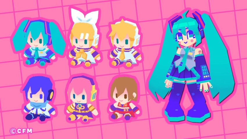 2boys, 3d, 4girls, aqua_hair, blockbench_(medium), blonde_hair, blue_eyes, blue_hair, blush_stickers, boots, brown_hair, chibi, commentary, detached_sleeves, english_commentary, grid_background, hatsune_miku, headphones, kagamine_len, kagamine_rin, kaito_(vocaloid), long_hair, low_poly, megurine_luka, meiko_(vocaloid), multiple_boys, multiple_girls, multiple_views, official_art, pink_background, pink_hair, radiant_revival_(vocaloid), shirt, short_hair, sitting, skirt, sleeveless, sleeveless_shirt, smile, standing, thigh_boots, twintails, very_long_hair, violet_(violxiv), vocaloid