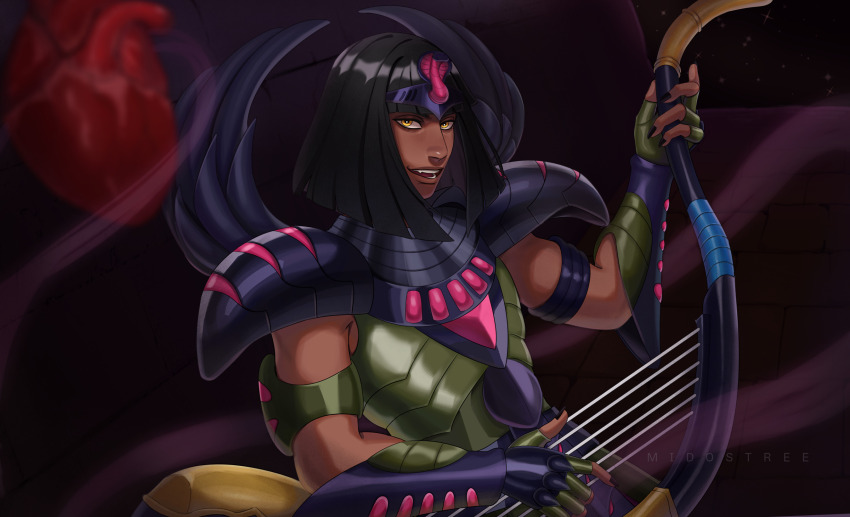 1boy, armor, bishounen, black_hair, black_nails, blunt_bangs, blunt_ends, bob_cut, dark-skinned_male, dark_skin, fang, fingernails, floating, floating_object, floating_organs, green_armor, harp, heart_(organ), highres, holding, holding_harp, holding_instrument, instrument, looking_at_viewer, male_focus, metal_wings, midostree-art, music, nail_polish, open_mouth, pauldrons, playing_instrument, purple_armor, saint_seiya, short_hair, shoulder_armor, solo, specter_(saint_seiya), sphinx_pharaoh, two-tone_armor, upper_body, very_dark_skin, yellow_eyes