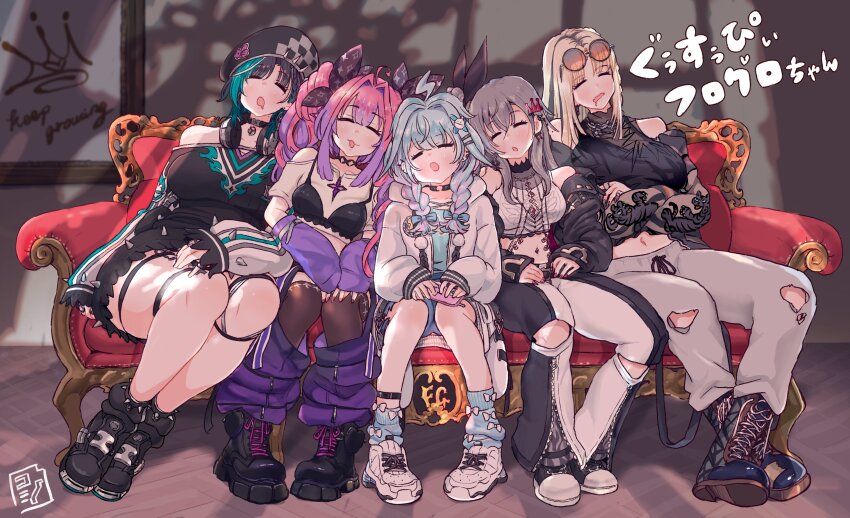 5girls, absurdres, ahoge, black_hair, blonde_hair, blue_hair, braid, breasts