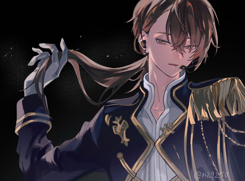 1boy, absurdres, black_background, ear_piercing, earrings, gloves, headset, highres