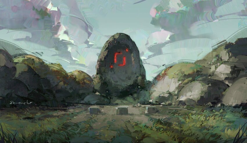 cloud, commentary, faux_traditional_media, grass, highres, minecraft_youtube, no_humans, outdoors