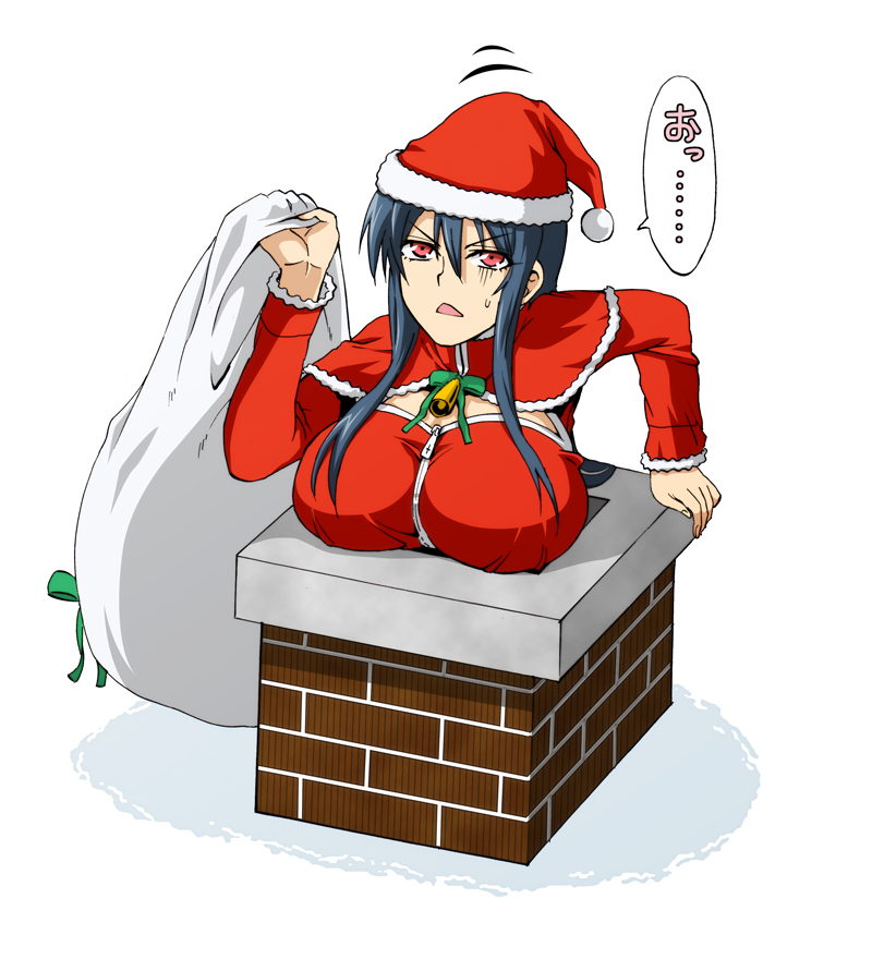 1girl, bad_id, bad_pixiv_id, bell, blue_hair, breast_rest, breasts, chimney