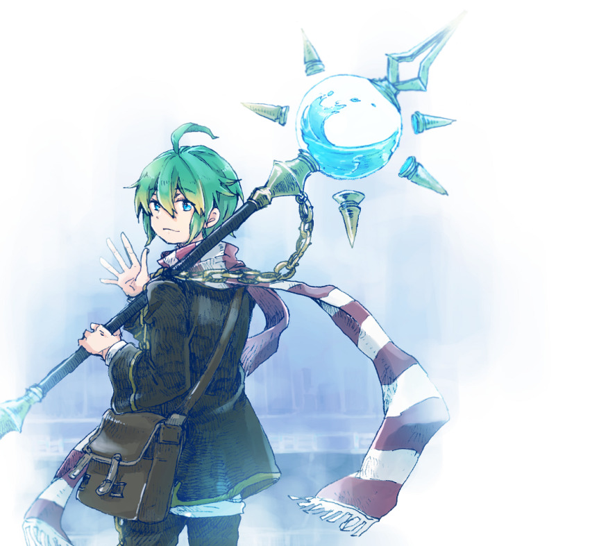 1boy, ahoge, another_eden, bag, blonde_hair, blue_eyes, brown_bag, brown_jacket