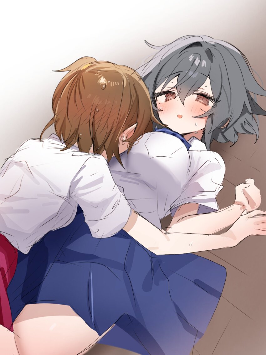 2girls, accident, akasaka_miyuki, blue_bow, blue_skirt, blush, bow, breasts