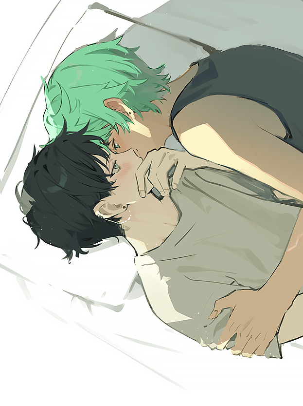 2boys, black_hair, black_tank_top, blue_eyes, cove_holden, covering_own_mouth, earrings, green_eyes, green_hair, grey_shirt, hand_on_another's_shoulder, head_on_pillow, hug, implied_yaoi, jewelry, looking_at_another, lying, main_character_(our_life), male_focus, multiple_boys, on_back, on_bed, our_life, our_life:_beginnings_and_always, pillow, ryuuieu, shirt, short_hair, stud_earrings, t-shirt, tank_top