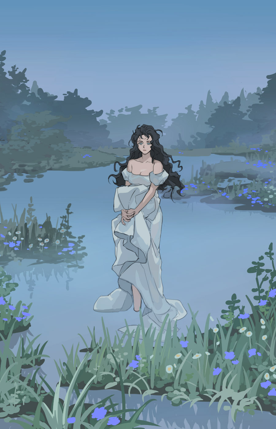 1girl, black_hair, blue_eyes, breasts, cleavage, clothes_grab, dress, flower