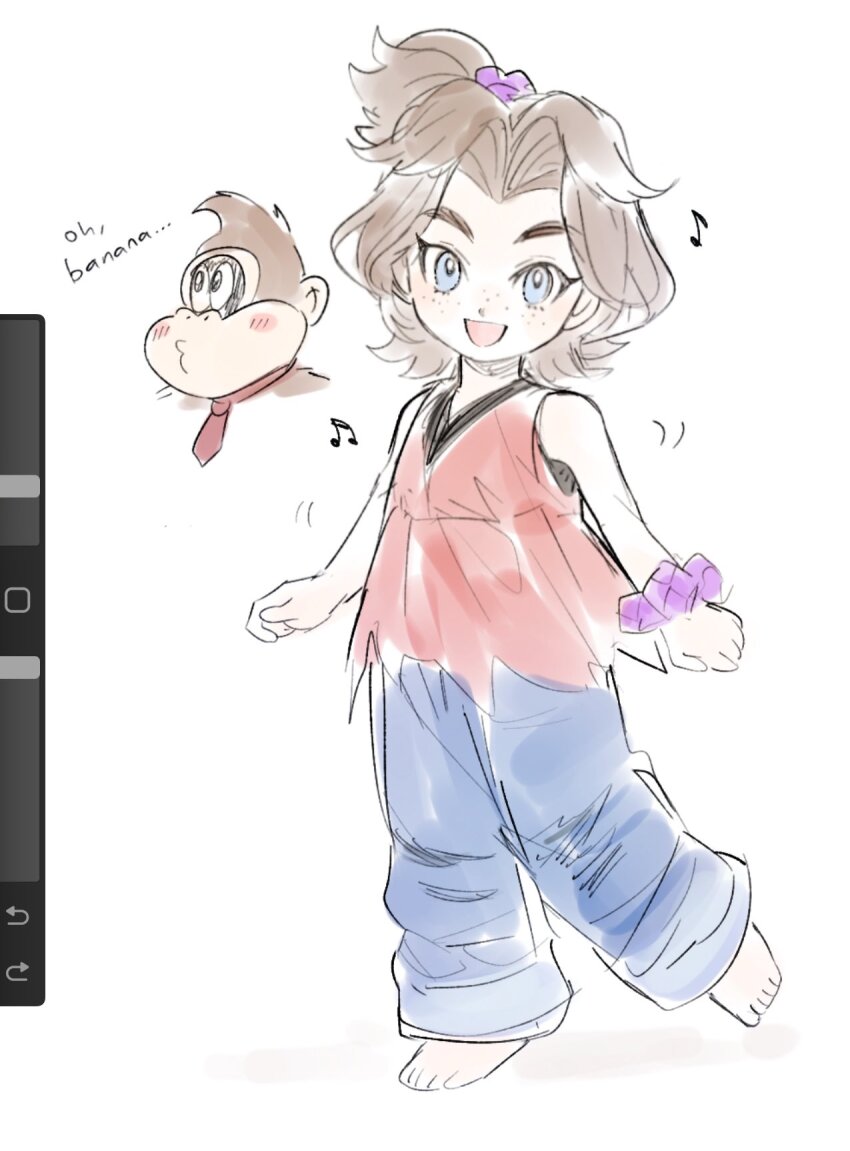 1boy, 1girl, art_tools_in_frame, aubz, barefoot, blue_eyes, blush, brown_hair, denim, donkey_kong, donkey_kong_(series), donkey_kong_bananza, freckles, full_body, highres, jeans, looking_at_viewer, musical_note, nintendo, pants, pauline_(nintendo), pauline_(young)_(nintendo), scrunchie, shirt, sketch, smile, topknot, torn_clothes, torn_shirt