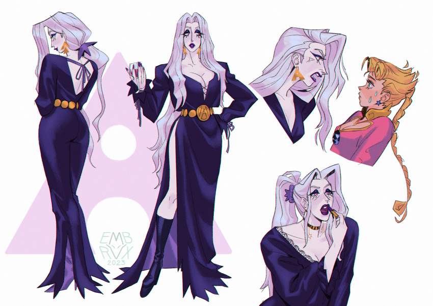 2girls, absurdres, adapted_costume, alcohol, alternate_costume, anger_vein, applying_lipstick, applying_makeup, applying_own_makeup, blonde_hair, boots, braid, braided_ponytail, breasts, cleavage, cleavage_cutout, clothing_cutout, cosmetics, crescent, crescent_earrings, cup, curtained_hair, drink, drinking_glass, earrings, embrvx, eyelashes, eyeshadow, fingernails, from_behind, full_body, genderswap, genderswap_(mtf), giorno_giovanna, green_eyes, half-closed_eyes, hand_on_own_hip, hand_up, highres, holding, holding_cup, holding_drink, holding_lipstick_tube, jewelry, jojo_no_kimyou_na_bouken, knee_boots, large_breasts, leone_abbacchio, lipstick_tube, long_braid, long_eyelashes, long_fingernails, long_hair, low_neckline, makeup, multiple_girls, multiple_views, open_mouth, pale_skin, parted_bangs, parted_lips, pink_eyes, ponytail, purple_eyeshadow, purple_lips, sharp_fingernails, single_braid, single_letter, standing, sun_earrings, sweatdrop, v-shaped_eyebrows, vento_aureo, very_long_hair, white_hair, wine, wine_glass