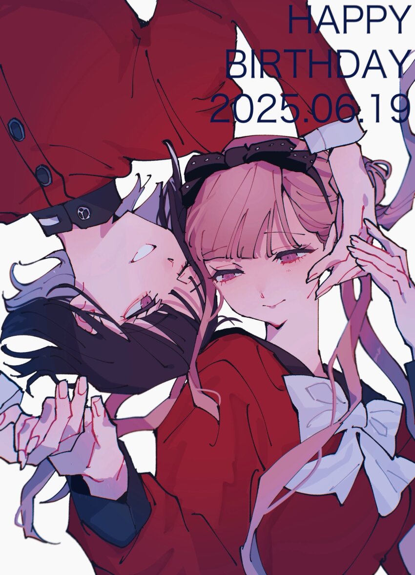 1boy, 1girl, black_bow, black_hair, black_hairband, black_sailor_collar, bow, bowtie