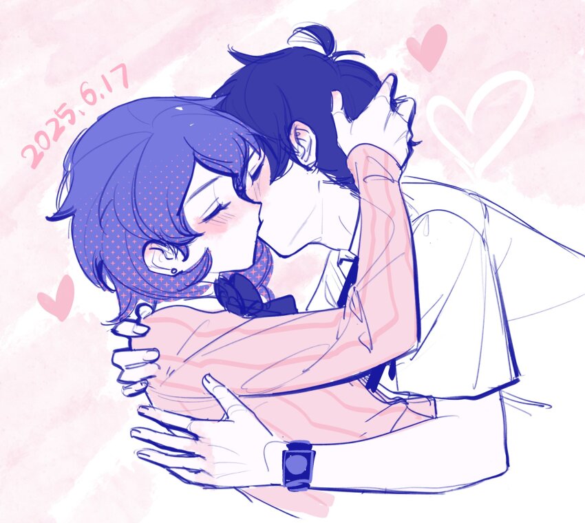 1boy, 1girl, blush, bow, bowtie, cardigan, closed_eyes, collared_shirt