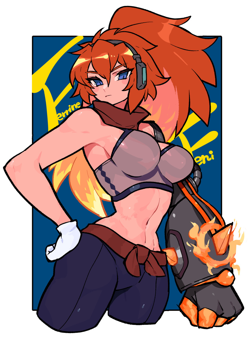 1girl, arm_at_side, armpit_crease, blue_background, blue_eyes, border, borrowed_character, breasts