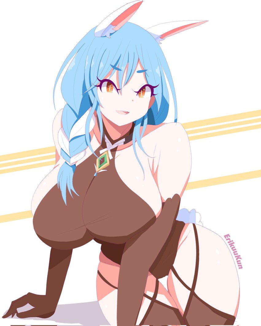 animal_ears, armpit_crease, artist_name, azur_lane, bare_shoulders, black_gloves, blue_hair, braid