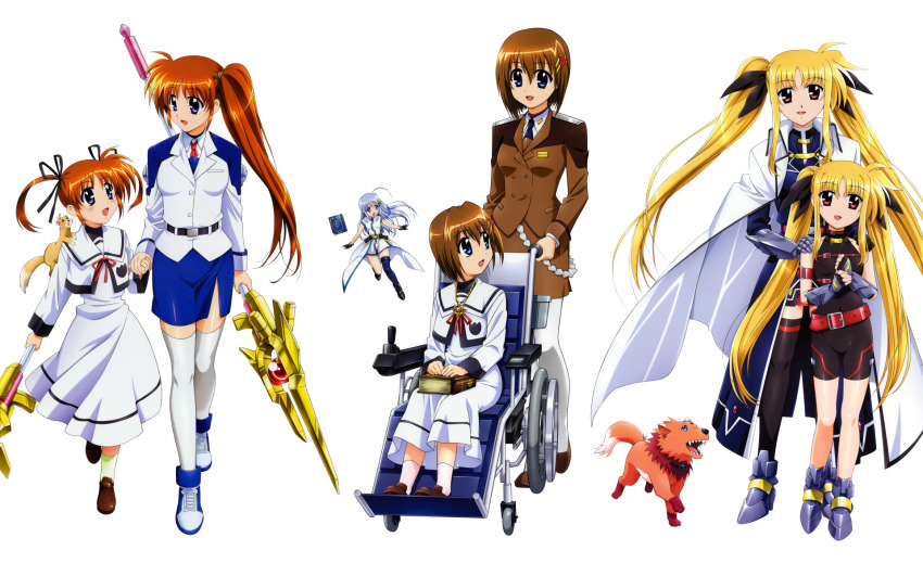 00s, 6+girls, ahoge, arf, asymmetrical_legwear, belt, blonde_hair, blue_hair, book, book_of_the_azure_sky, brown_hair, cape, coat, dog, fate_testarossa, fate_testarossa_(impulse_form), fate_testarossa_(sonic_form), ferret, fingerless_gloves, gauntlets, gloves, hair_ornament, highres, lyrical_nanoha, magazine_(weapon), magical_girl, mahou_shoujo_lyrical_nanoha, mahou_shoujo_lyrical_nanoha_strikers, military, military_uniform, mini_person, minigirl, multiple_girls, okuda_yasuhiro, pantyhose, powered_wheelchair, raising_heart, raising_heart_(buster_mode), red_hair, reinforce_zwei, side_ponytail, single_thighhigh, takamachi_nanoha, thighhighs, time_paradox, tome_of_the_night_sky, uneven_legwear, waist_cape, wheelchair, x_hair_ornament, yagami_hayate, yuuno_scrya