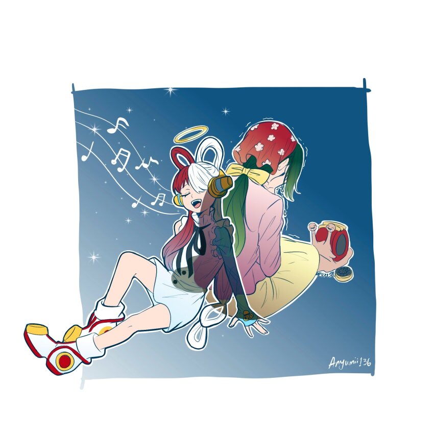 2girls, anyumii136, artist_name, border, bow, closed_eyes, crying, den_den_mushi