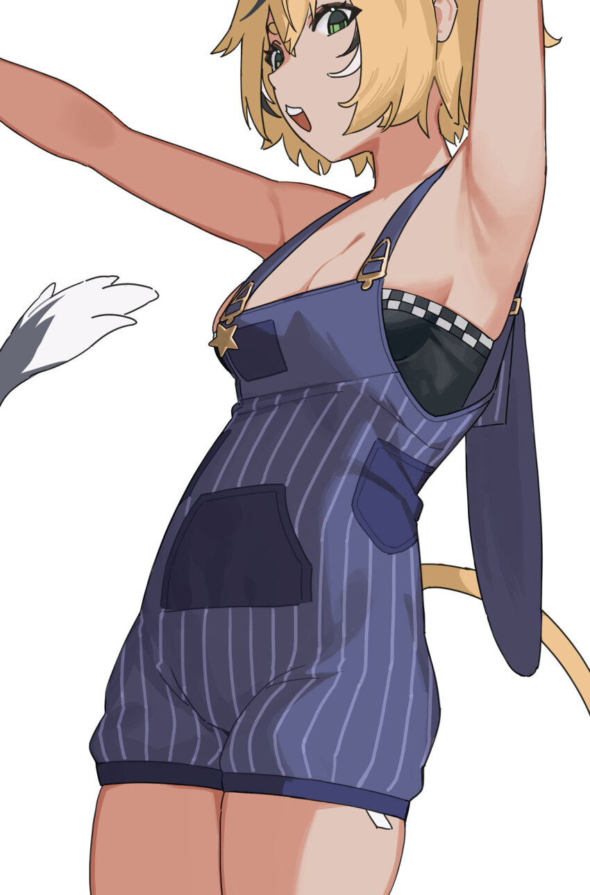 1girl, :3, :d, armpits, arms_up, bare_shoulders, black_hair, black_shirt, black_streaks, blonde_hair, blue_overalls, breasts, checkered_trim, cleavage, cowboy_shot, dooby, dooby_(1st_costume), double-parted_bangs, from_side, fur-tipped_tail, green_eyes, grey_tail, grin, hair_between_eyes, hair_flaps, highres, indie_virtual_youtuber, karassawa, legs_together, long_eyelashes, looking_at_viewer, looking_to_the_side, low_neckline, medium_breasts, multicolored_hair, multicolored_tail, open_mouth, outstretched_arms, overall_shorts, overalls, pocket, puffy_shorts, shirt, shorts, sidelocks, simple_background, skindentation, smile, solo, standing, star_(symbol), strapless, strapless_shirt, striped_clothes, tag, tail, teeth, thick_eyelashes, thighs, tight_clothes, tight_shirt, tube_top, upper_teeth_only, vertical-striped_clothes, vertical-striped_overalls, virtual_youtuber, white_background, white_hair, white_streaks, white_tail, yellow_tail