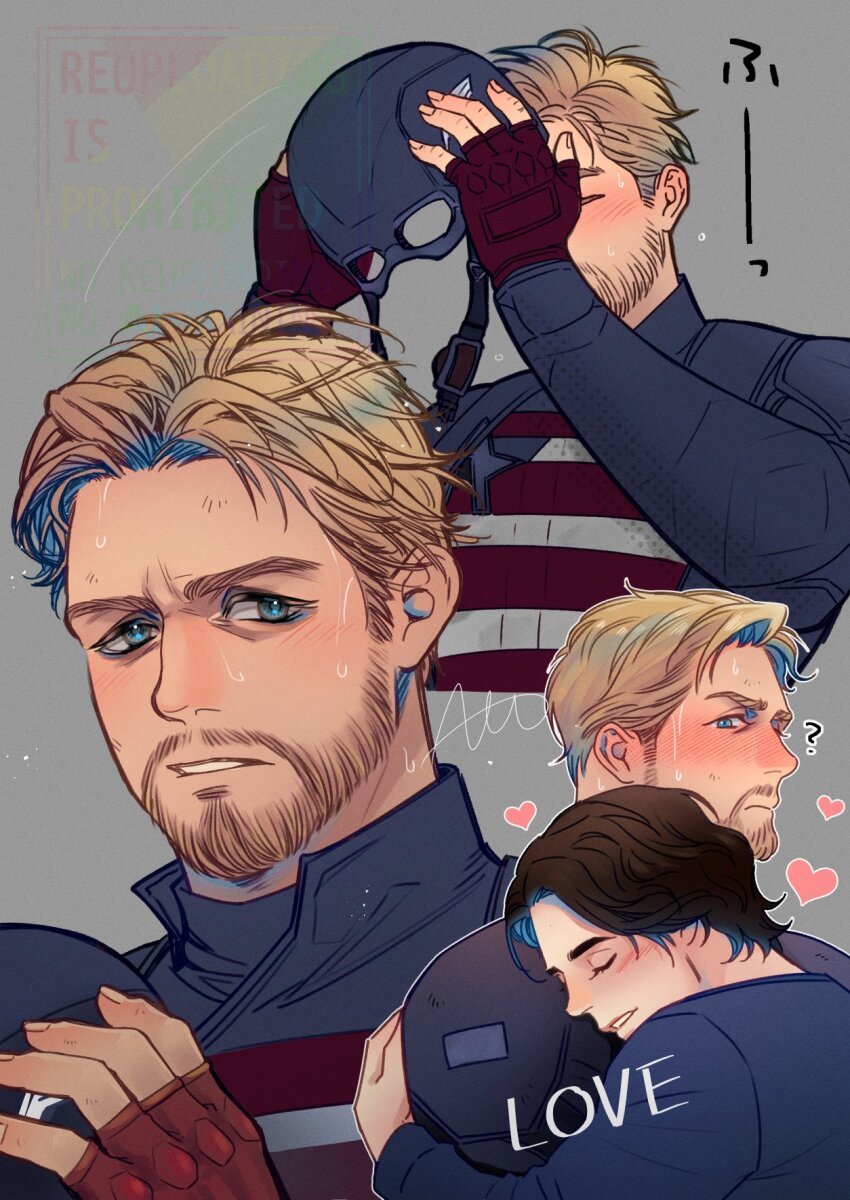 2boys, ?, animification, beard, black_bodysuit, blonde_hair, blue_eyes, blue_shirt