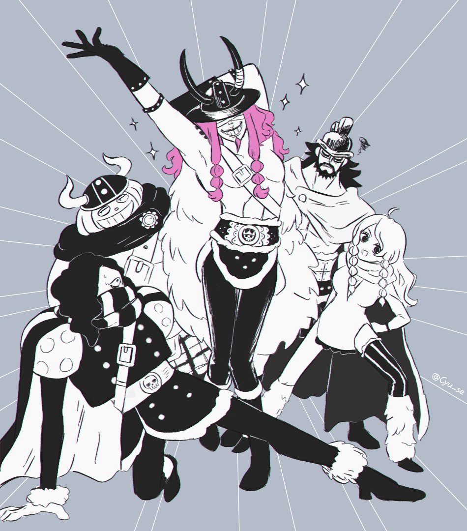 1girl, 4boys, aespa, ahoge, arms_up, bandages, bandages_over_eyes, beard, braid, braided_sidelocks, cape, commentary_request, cyu_se, facial_hair, fake_horns, full_body, fur_cape, gerd_(one_piece), gloves, goatee, goldberg_(one_piece), hair_over_one_eye, hajrudin, helmet, horned_helmet, horns, loki_(one_piece), long_hair, looking_at_viewer, multiple_boys, one_piece, purple_hair, road_(one_piece), scarf, short_hair, sidelocks, skirt, smile, sparkle, spiked_hair, spot_color, squiggle, twitter_username, wavy_hair