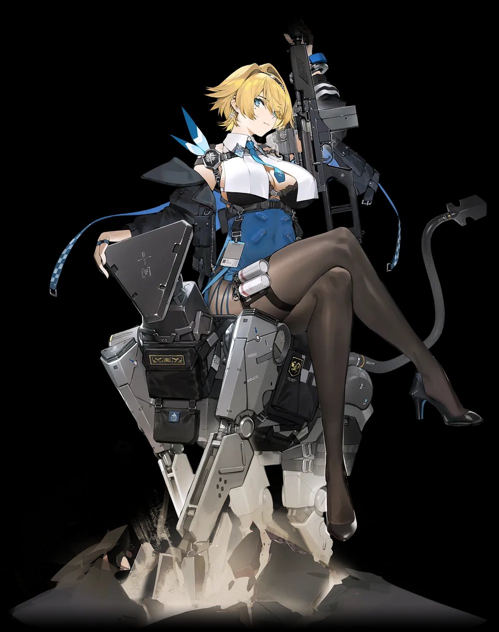 1girl, black_background, full_body, girls'_frontline, girls'_frontline_2:_exilium, highres, mole, mole_under_eye, nikketa_(girls'_frontline_2), non-humanoid_robot, official_art, pantyhose, robot, robot_animal, robot_dog, simple_background, sitting_on_robot, solo, third-party_source, vsk-94, vsk-94_(girls'_frontline)