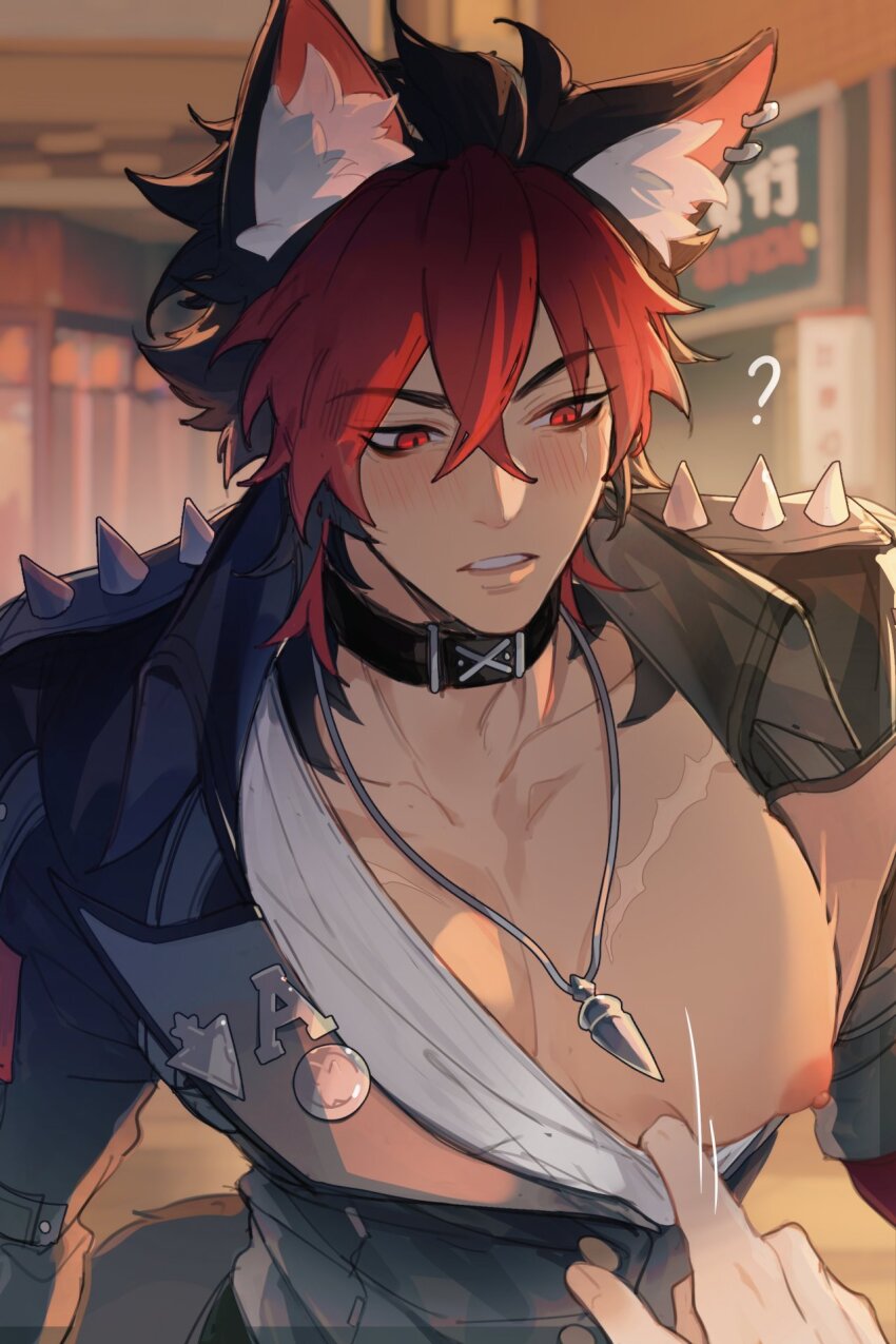 1boy, ?, animal_ears, black_choker, black_hair, black_jacket, blush, choker, collarbone, commentary, ear_piercing, elims, hair_between_eyes, highres, jacket, jewelry, komano_manato, large_pectorals, male_focus, multicolored_hair, muscular, muscular_male, necklace, nipples, open_clothes, open_jacket, out_of_frame, pectorals, piercing, red_eyes, red_hair, scar, scar_on_chest, scar_on_face, shirt, short_hair, solo_focus, teeth, white_shirt, zenless_zone_zero