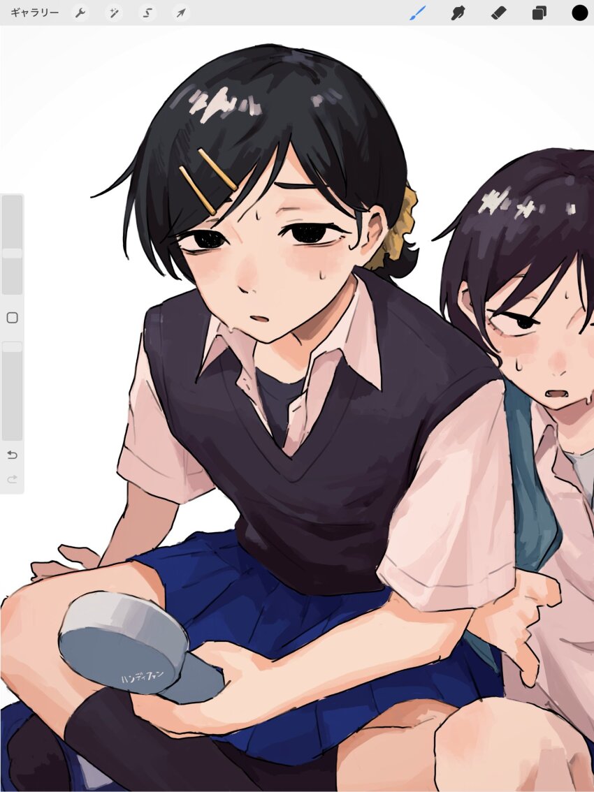 2girls, art_program_in_frame, black_eyes, black_hair, black_socks, black_sweater_vest, blue_skirt, blush