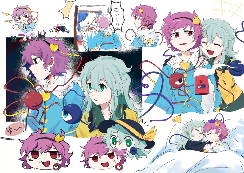 +++, 2girls, :d, androgynous, bird, biting, biting_another's_hair, black_bird