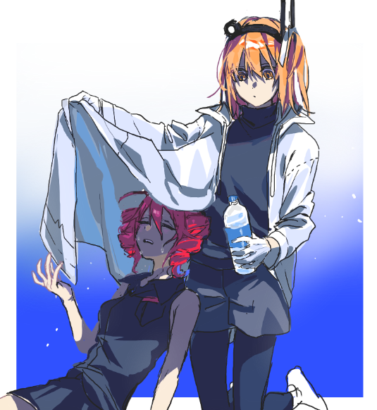 2girls, a.i._voice, adachi_rei, black_pantyhose, bottle, grey_shirt, grey_shorts, hashtag-only_commentary