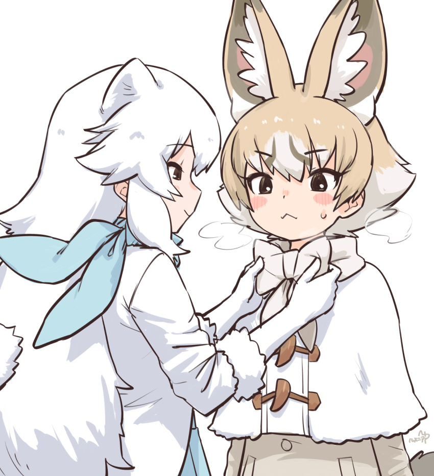2girls, :<, adapted_costume, animal_ears, arctic_fox_(kemono_friends), blue_bow, blue_bowtie, blush, bow, bowtie, brown_eyes, brown_hair, brown_jacket, capelet, coat, elbow_gloves, extra_ears, fox_ears, fox_girl, fox_tail, fur_trim, gloves, hair_between_eyes, highres, jacket, kemono_friends, kit_fox_(kemono_friends), long_hair, multiple_girls, rumenia_(ao2is), short_hair, sidelocks, steam, sweatdrop, tail, white_bow, white_bowtie, white_capelet, white_coat, white_fur, white_gloves, white_hair, winter_clothes, winter_coat