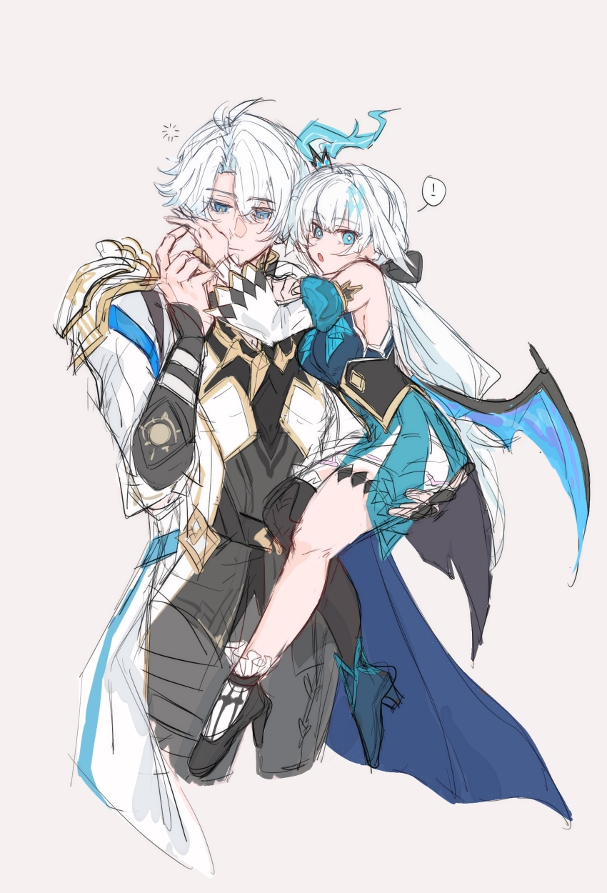 !, 1boy, 1girl, 1other, absurdres, antenna_hair, aqua_dress, aqua_eyes, arm_guards, armor, bare_shoulders, blacies, black_bow, blue_eyes, blunt_bangs, bow, breasts, brown_background, carrying, carrying_person, cerydra_(honkai:_star_rail), chinese_commentary, closed_mouth, coat, collared_coat, couple, crown, detached_sleeves, dress, grey_pants, hair_between_eyes, hair_bow, head_tilt, height_difference, high_collar, high_heels, highres, honkai:_star_rail, honkai_(series), index_finger_raised, jewelry, long_hair, long_sleeves, looking_at_viewer, looking_down, looking_to_the_side, low_ponytail, multicolored_hair, open_mouth, pants, phainon_(honkai:_star_rail), ponytail, puffy_long_sleeves, puffy_sleeves, short_hair, shoulder_armor, sideboob, simple_background, sketch, spoken_exclamation_mark, standing, thick_thighs, thighlet, thighs, white_hair, wide_sleeves, wings